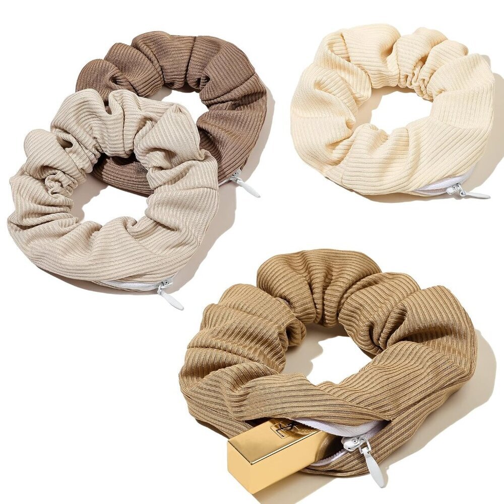 Pocket Scrunchies Hair Ties with Hidden Zipper Stash Scrunchy Ponytail Holder Br